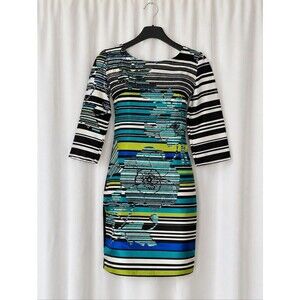 Rinascimento Italian Silk Turquoise Lime Abstract Floral Stripe Sheath Dress